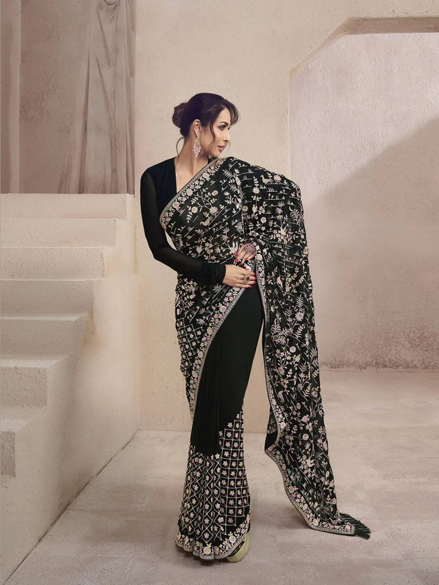 black designer georgette saree with intricate thread & mirror work, premium party & reception wear drape
