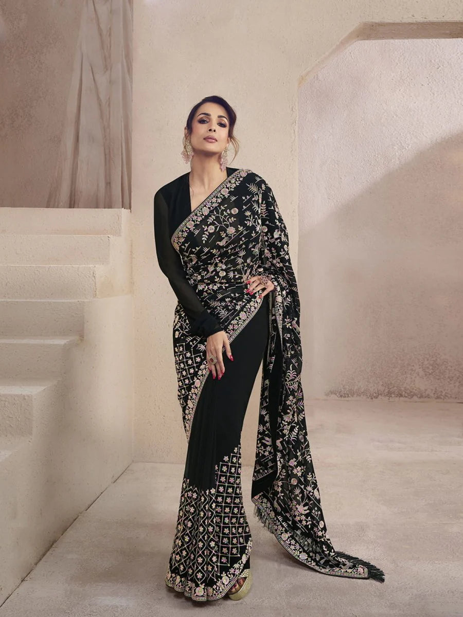 black designer georgette saree with intricate thread & mirror work, premium party & reception wear drape