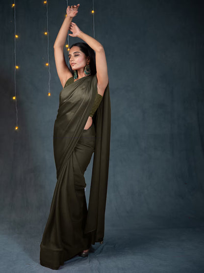 Premium Brown Satin Saree, Luxurious Drape, Indian Wedding and Party Silk Saree, Saree with Blouse, Ready to wear Sari USA, Designer Saree