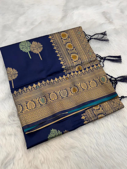 Royal Navy Blue Banarasi Silk Saree with Antique Gold Zari – Traditional Indian Wedding And Festive Wear