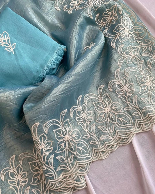 Elegant Aqua Blue Organza Saree with White Floral Embroidery & Matching Blouse