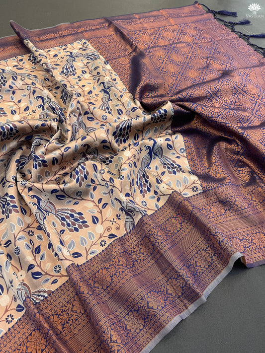 Elegant Kanjivaram Soft Silk Saree in Blue & Copper Gold | Traditional Wedding Wear | Woven Pallu & Jacquard Border |