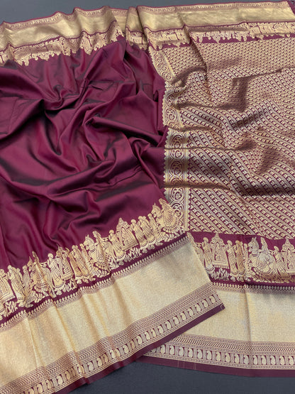 Kanjivaram Saree with Rich Zari Temple Border & Pallu | Traditional South Silk Saree for Wedding & Festive Wear