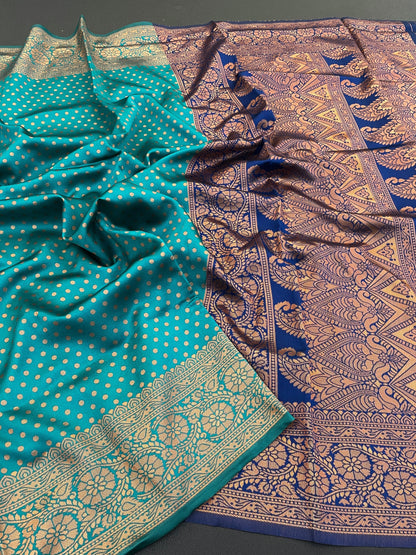 Green and Navy Kanjivaram Silk Saree with Copper Zari Weaving | Traditional South Indian Wedding Saree | Soft Silk Saree with Contrast Blouse