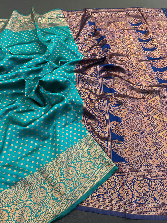Green and Navy Kanjivaram Silk Saree with Copper Zari Weaving | Traditional South Indian Wedding Saree | Soft Silk Saree with Contrast Blouse