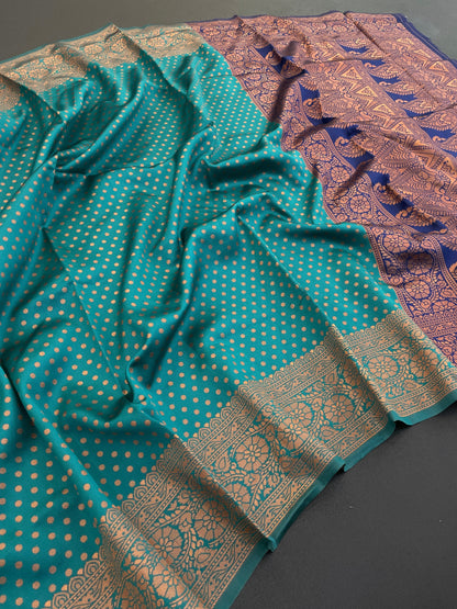 Green and Navy Kanjivaram Silk Saree with Copper Zari Weaving | Traditional South Indian Wedding Saree | Soft Silk Saree with Contrast Blouse