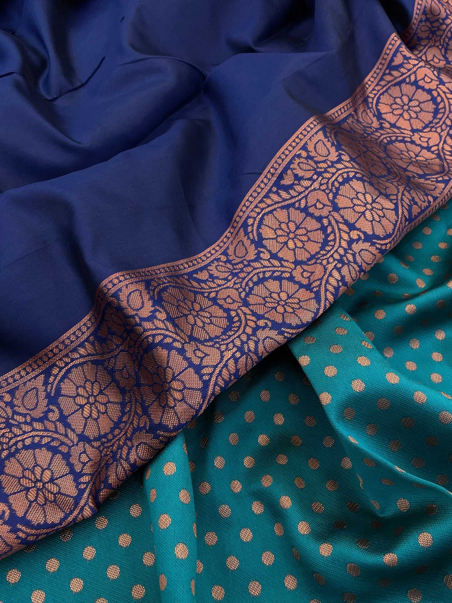 green and navy kanjivaram silk saree with copper zari weaving | traditional south indian wedding saree | soft silk saree with contrast blouse