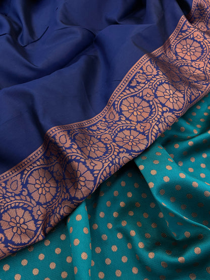 Green and Navy Kanjivaram Silk Saree with Copper Zari Weaving | Traditional South Indian Wedding Saree | Soft Silk Saree with Contrast Blouse