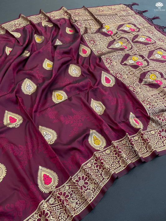 Elegant Kanjivaram Silk Saree with Multicolor Motif & Golden Floral Zari Border