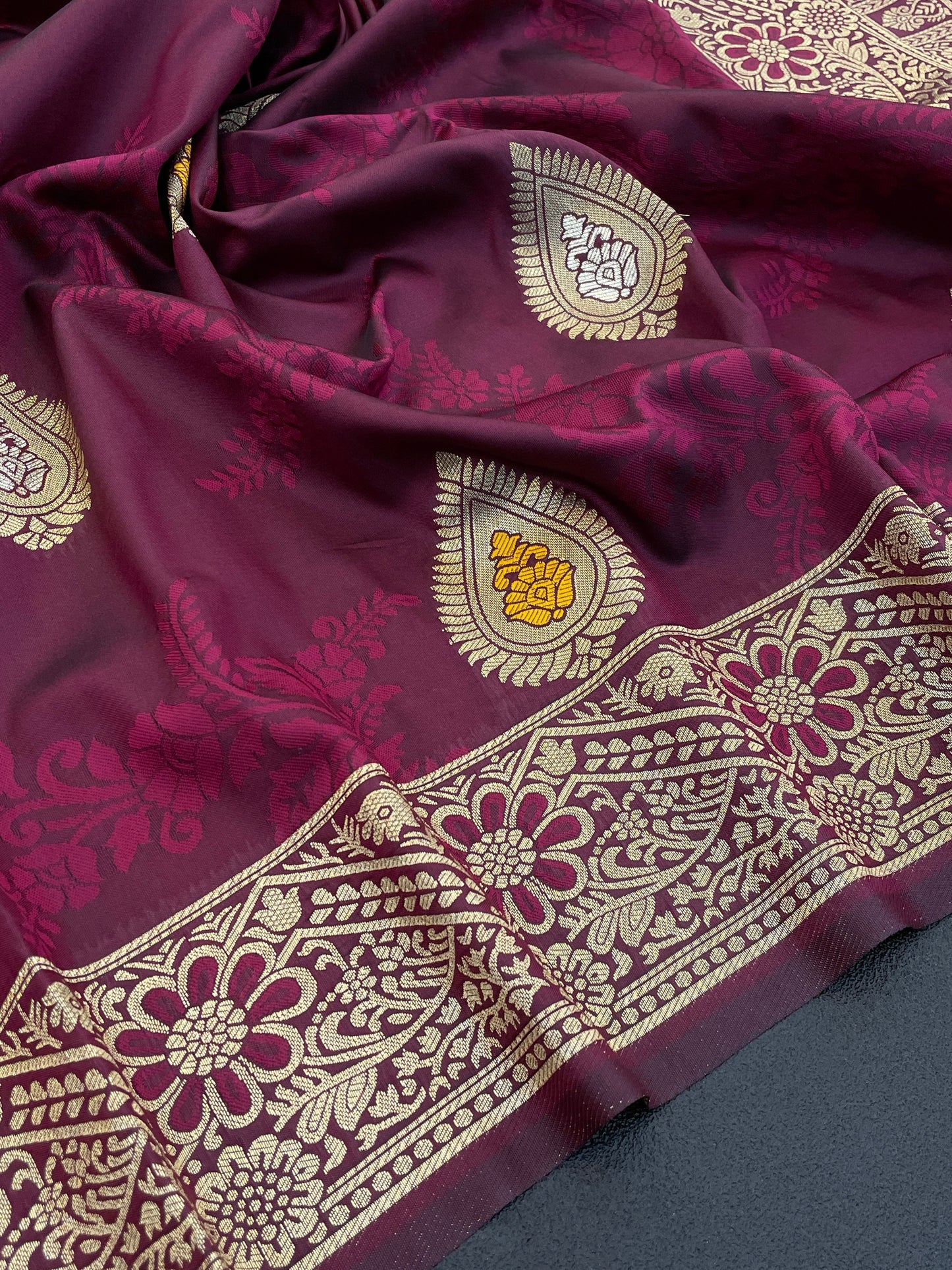 elegant kanjivaram silk saree with multicolor motif & golden floral zari border