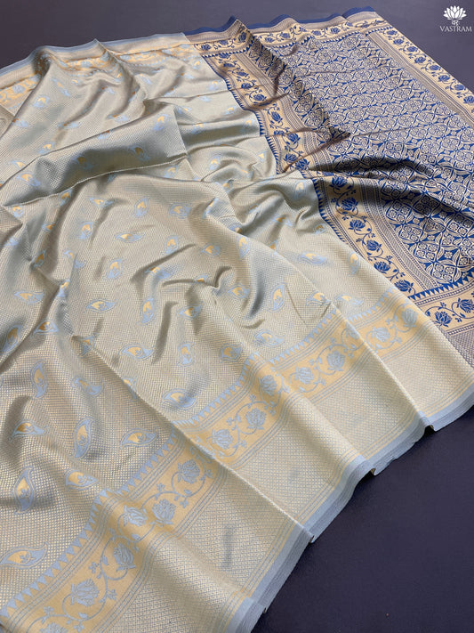 Elegant Soft Pastel Kanjivaram Saree with Dual-Tone Blue & Gold Zari Weaving | Festive & Wedding Wear Saree