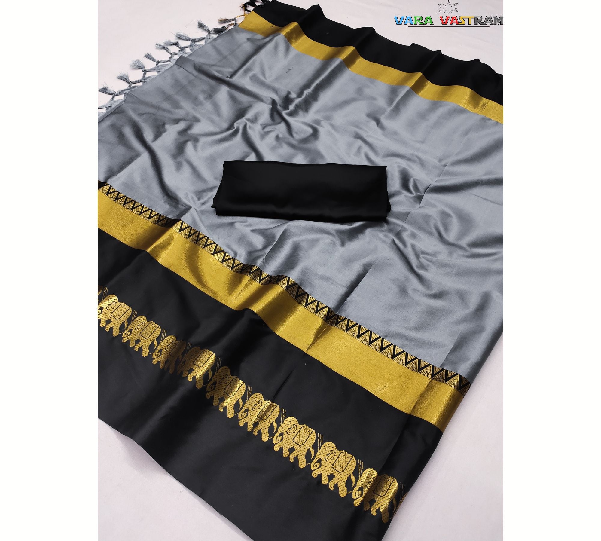 Elephant Design Digital Printed Black Satin Crepe Saree – Sundari Silks