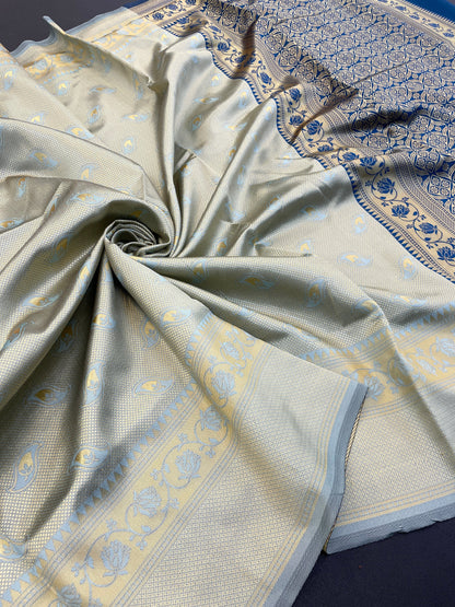 Elegant Soft Pastel Kanjivaram Saree with Dual-Tone Blue & Gold Zari Weaving | Festive & Wedding Wear Saree