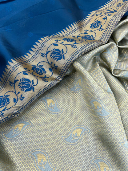 Elegant Soft Pastel Kanjivaram Saree with Dual-Tone Blue & Gold Zari Weaving | Festive & Wedding Wear Saree
