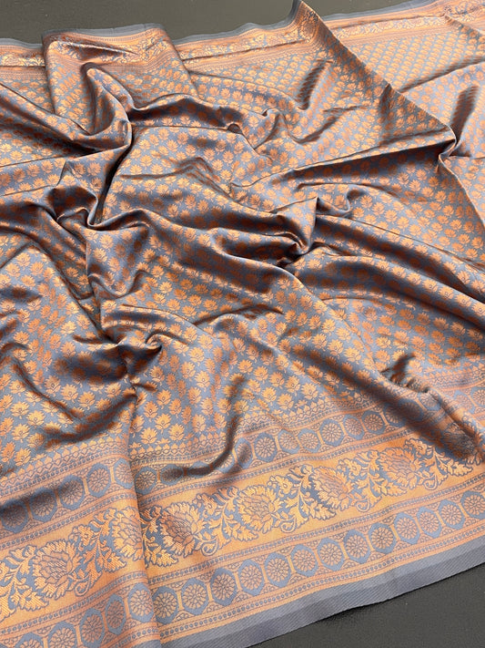 Elegant Copper and Grey Kanjivaram Silk Saree with Intricate Zari Work | Wedding & Festive Wear