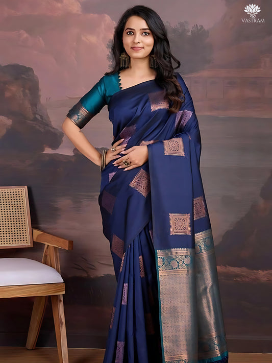 Elegant Navy Blue Kanjivaram Silk Saree with Rich Zari Work | Festive & Wedding Wear