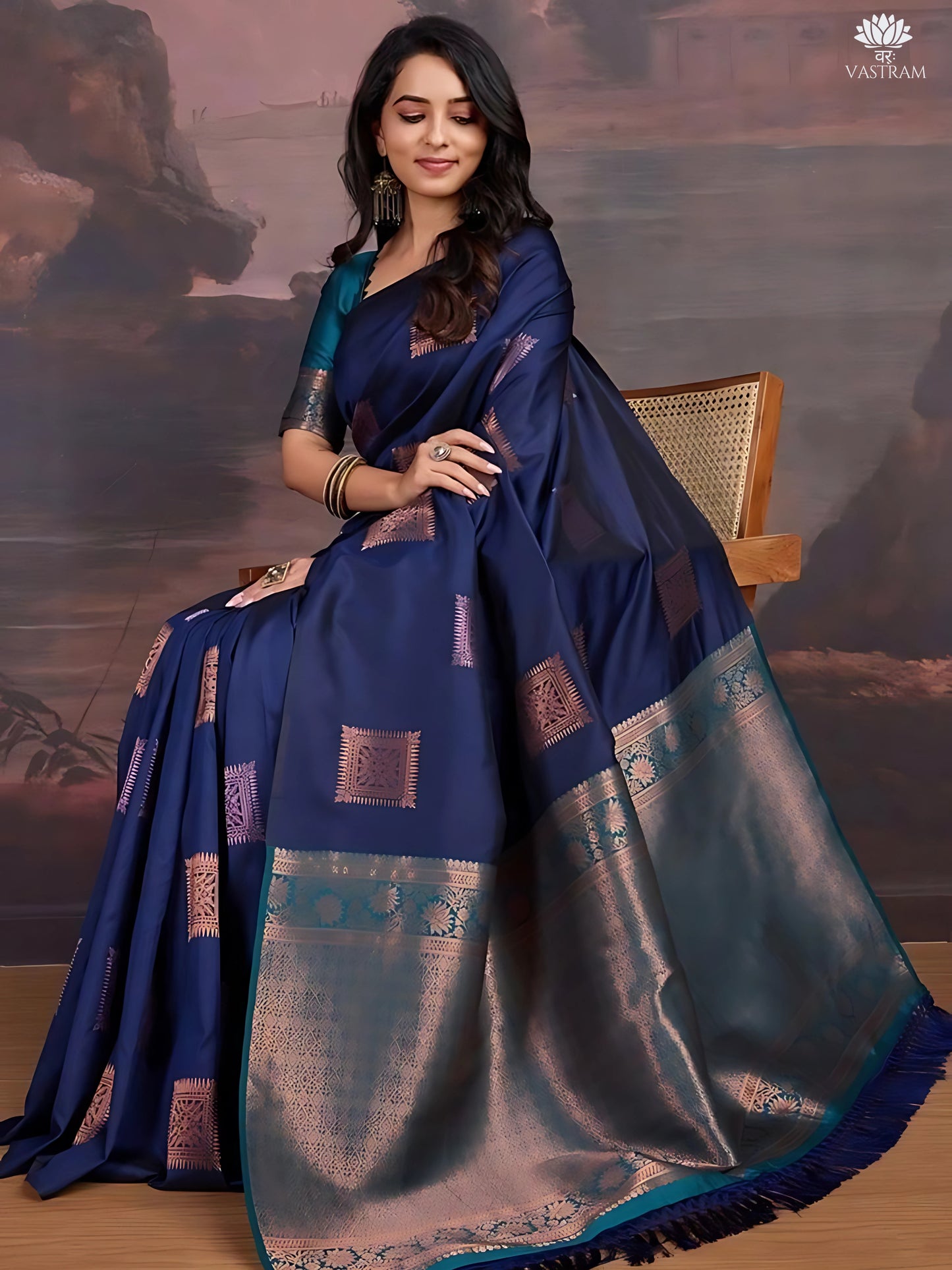 elegant navy blue kanjivaram silk saree with rich zari work | festive & wedding wear