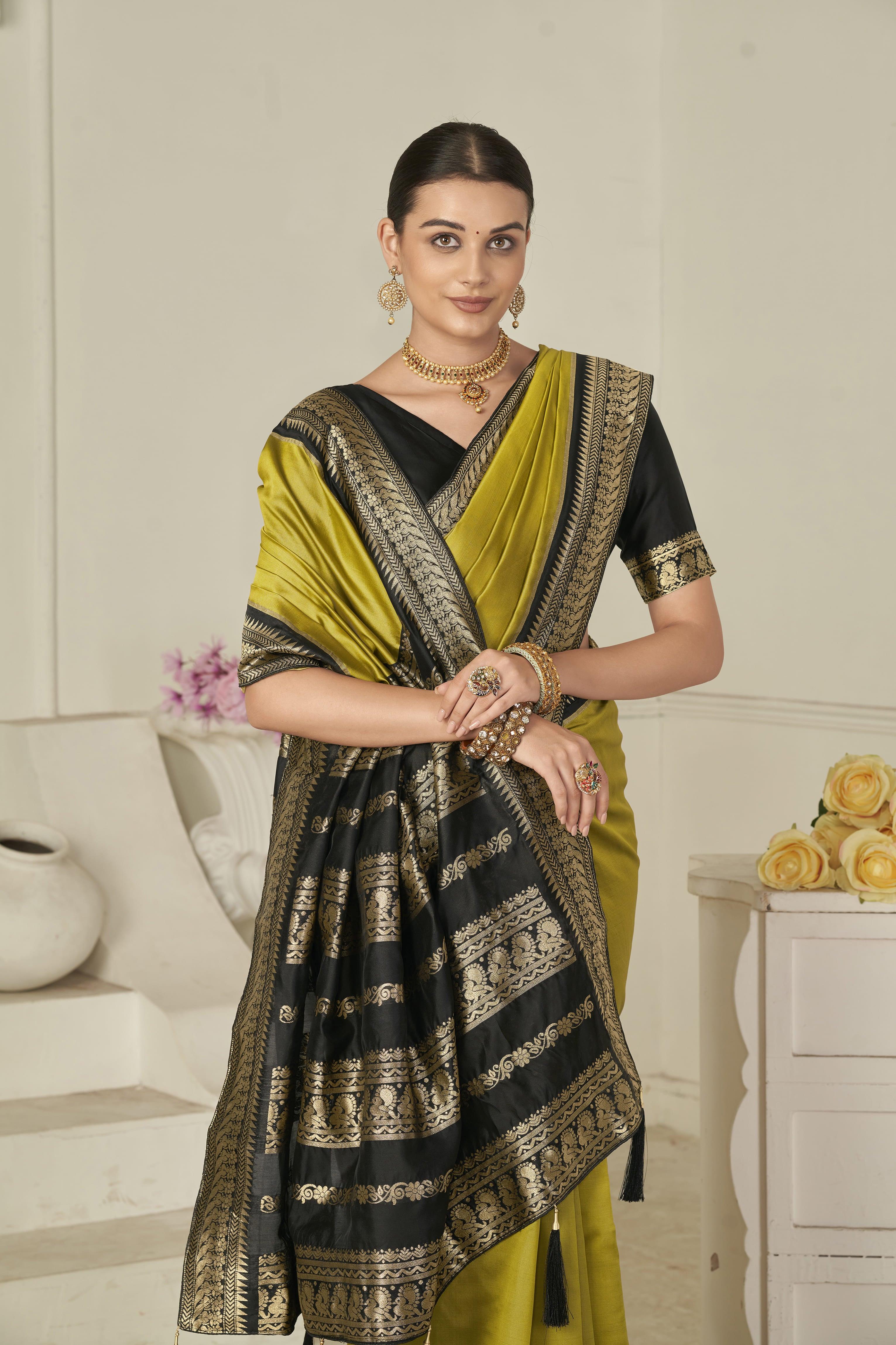 Varuna Black Bird Ajrakh Print Saree with Yellow Blouse – Maitri Jaipur