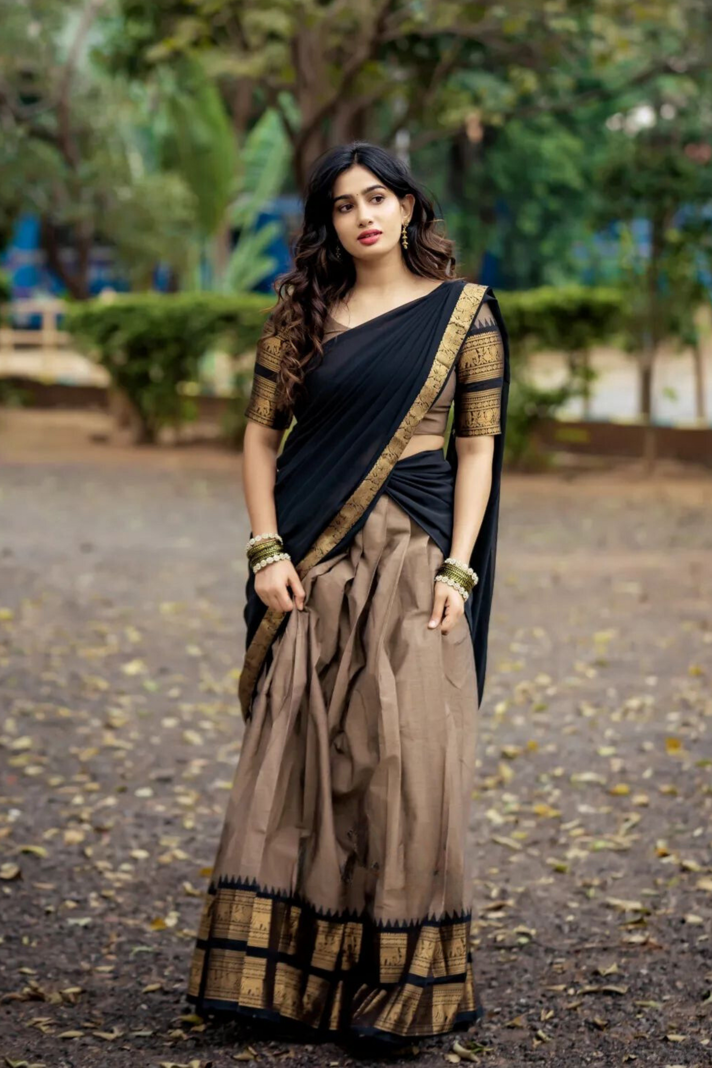 dusty cream and dark black classical kanjivaram jacquard half saree