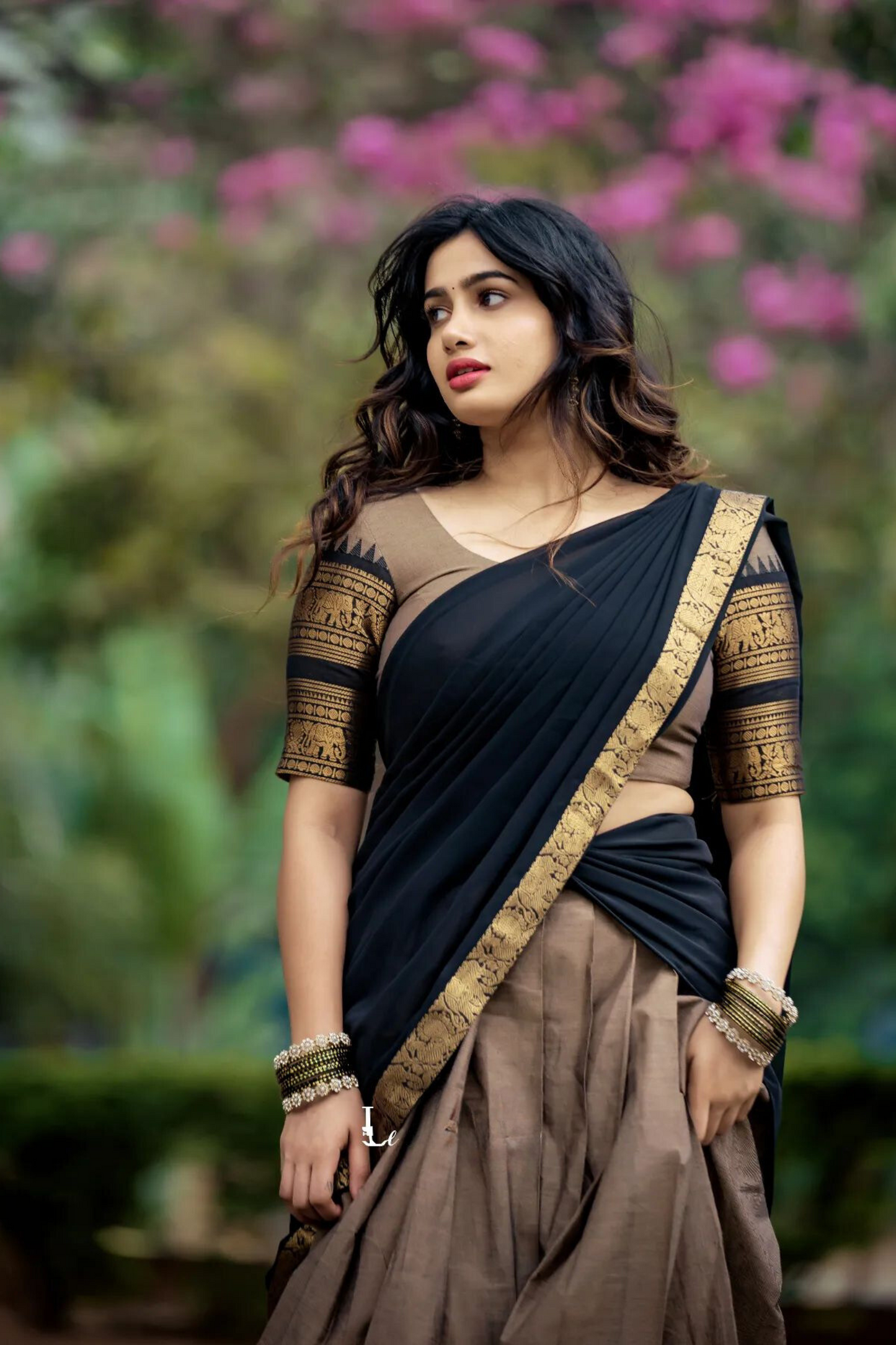 dusty cream and dark black classical kanjivaram jacquard half saree