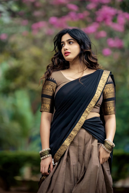 Dusty Cream and Dark Black classical kanjivaram Jacquard half saree