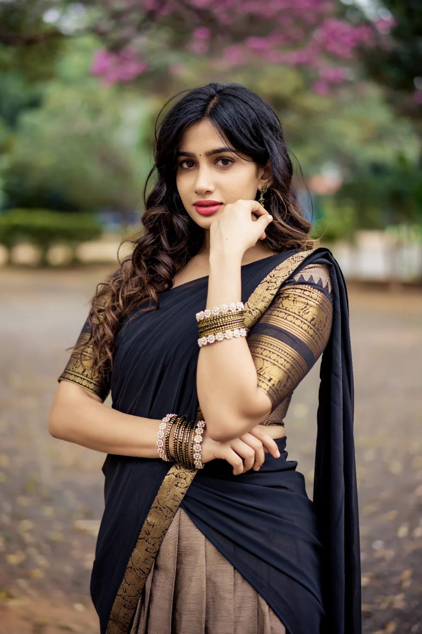 dusty cream and dark black classical kanjivaram jacquard half saree