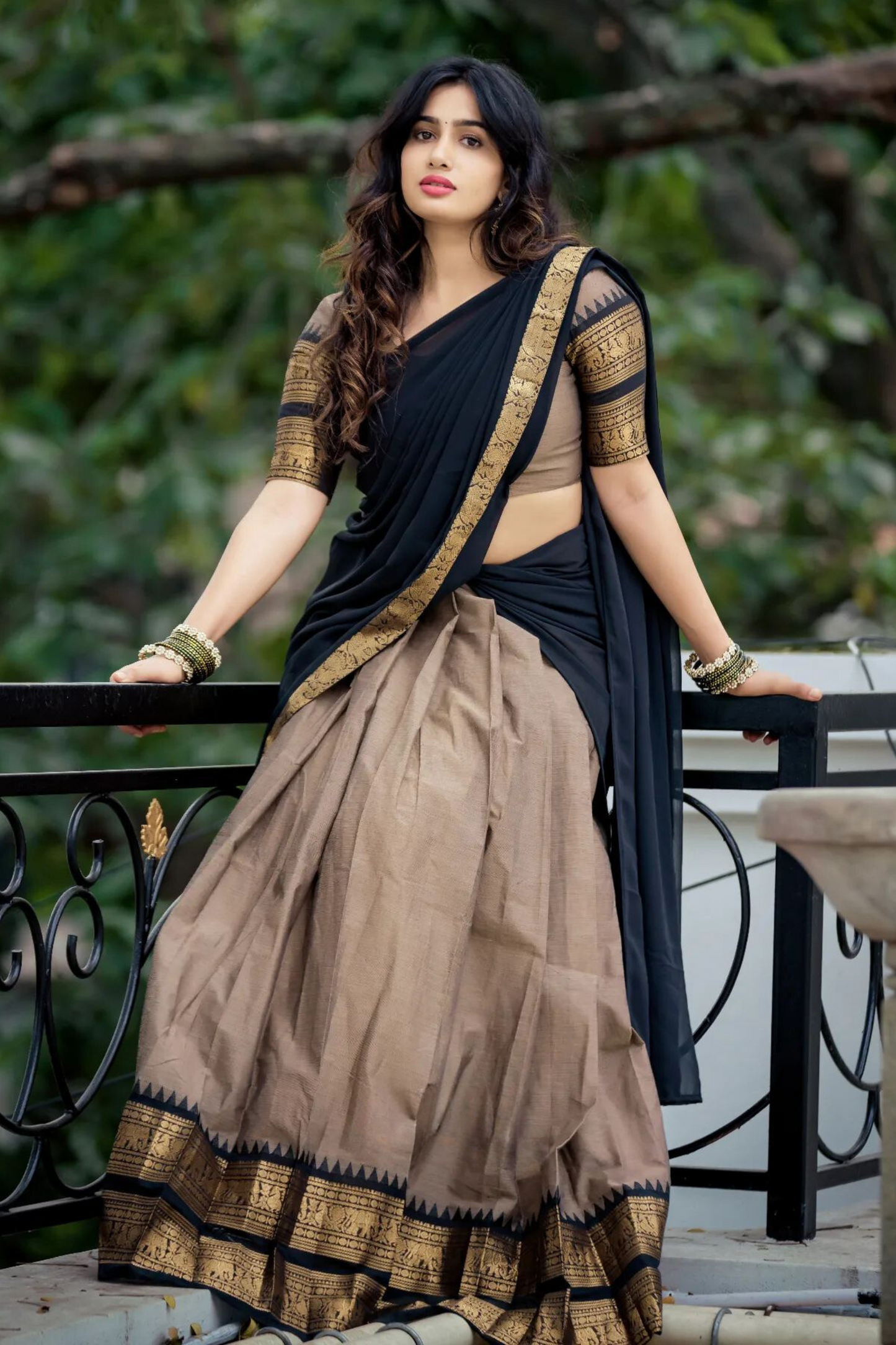 dusty cream and dark black classical kanjivaram jacquard half saree