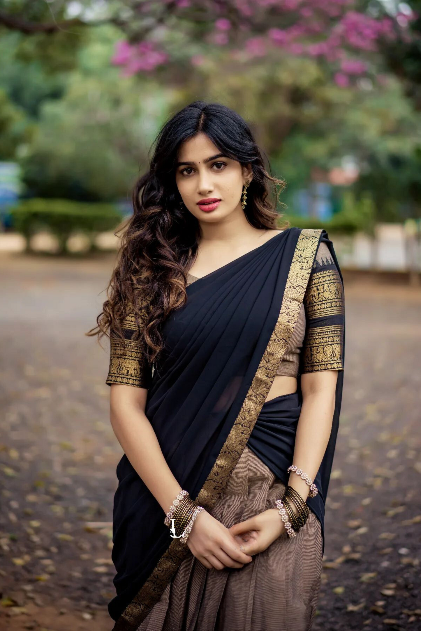 dusty cream and dark black classical kanjivaram jacquard half saree