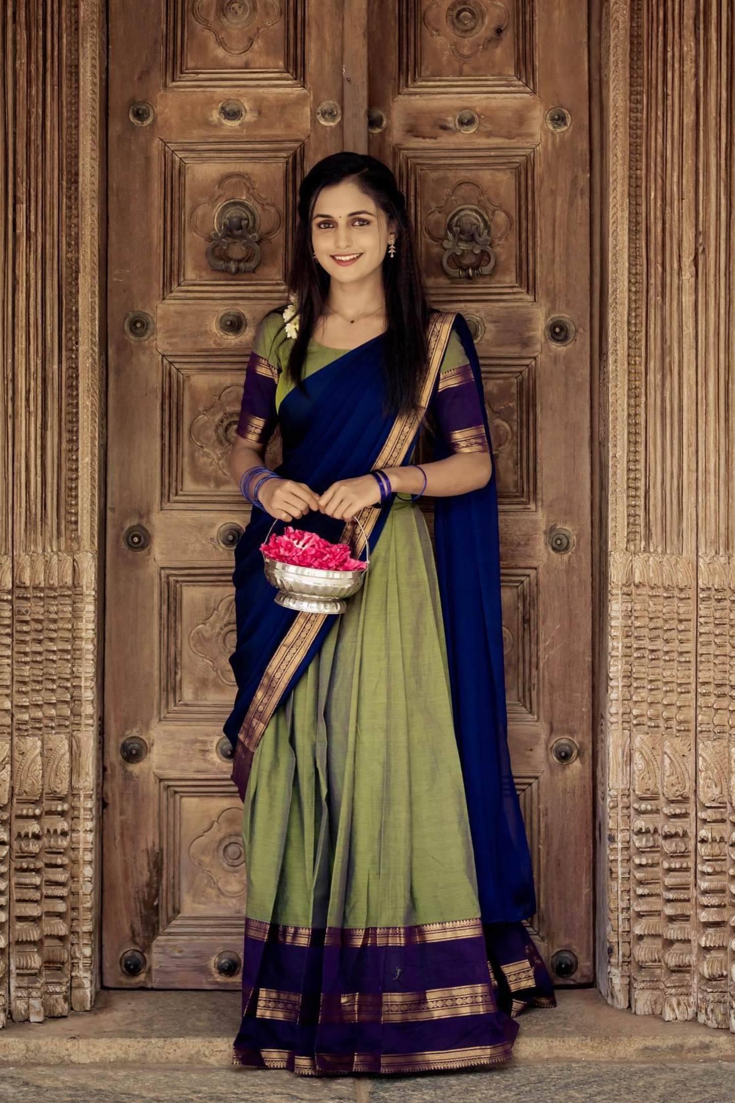 green and navy blue classical kanjivaram jacquard half saree