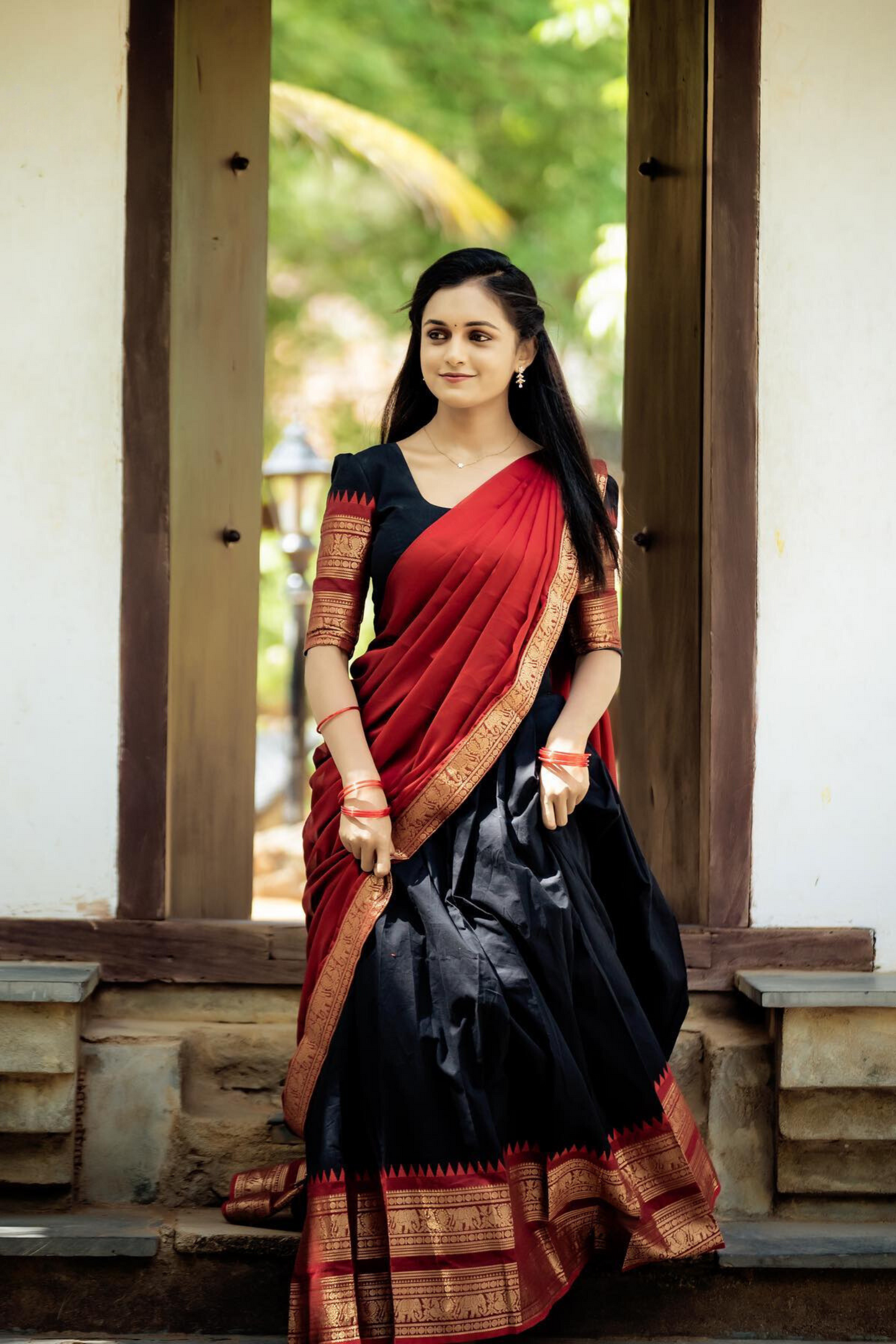 black and red classical kanjivaram jacquard half saree