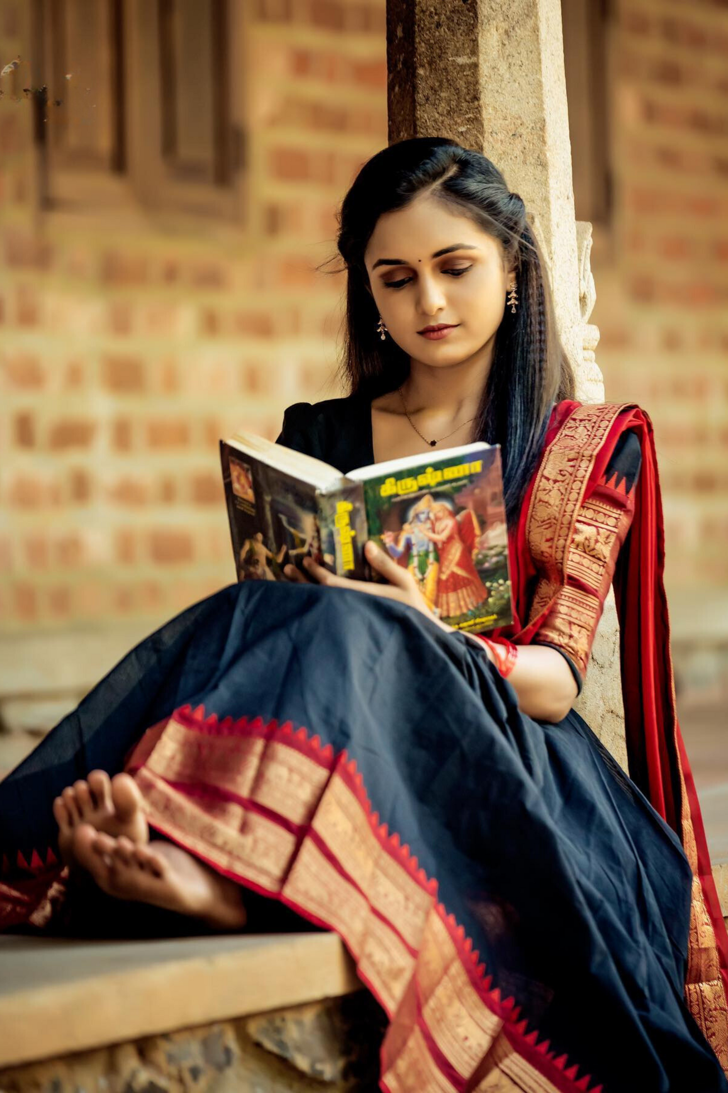 black and red classical kanjivaram jacquard half saree