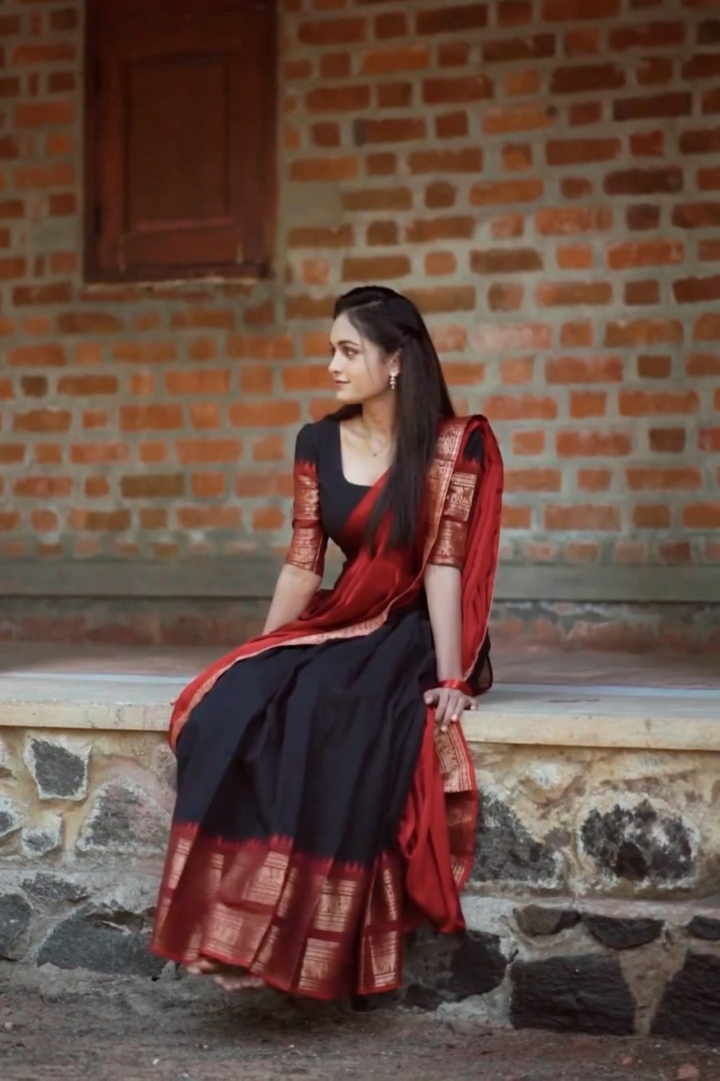 black and red classical kanjivaram jacquard half saree