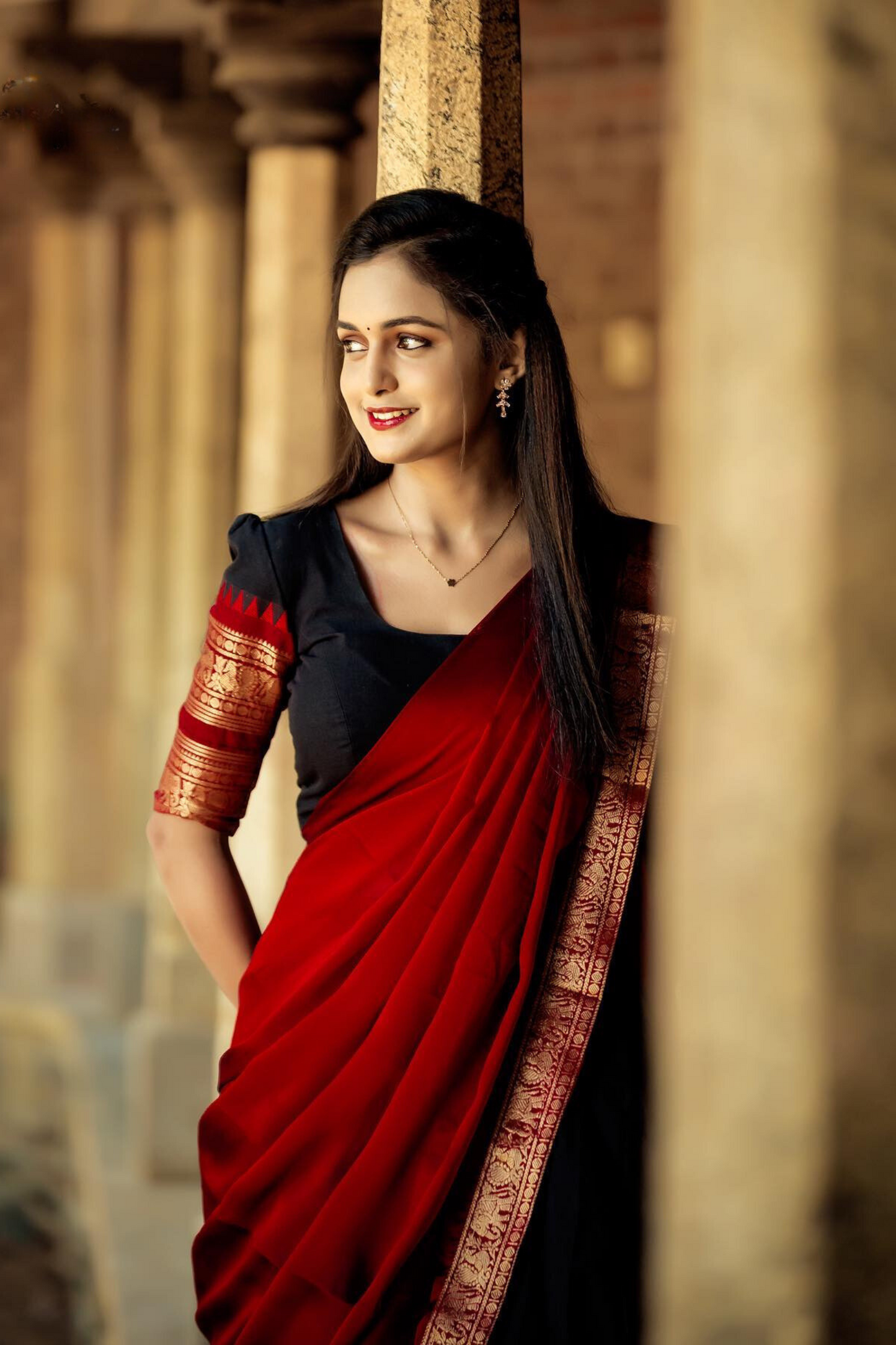 black and red classical kanjivaram jacquard half saree