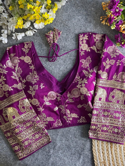 HEAVY PURE DOLA SILK FULL SLEEVES ELEPHANT DESIGN BLOUSE