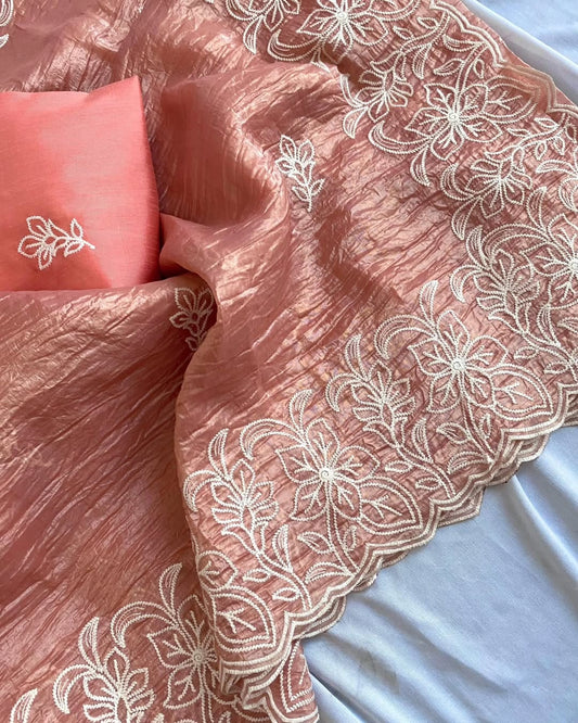 Elegant Peach Organza Saree with White Floral Embroidery | Wedding & Festive Wear