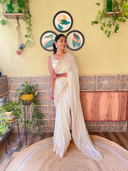 Net Saree with Floral Embroidery and Golden Sequin Border – Designer Party & Wedding Wear