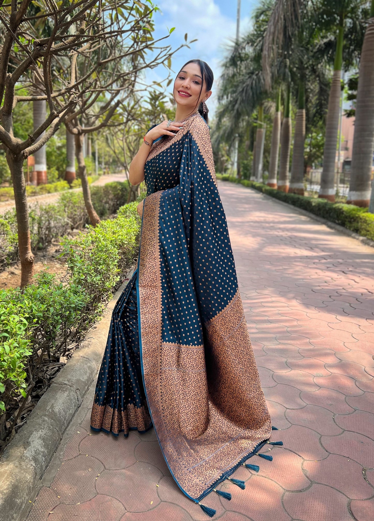 deep blue banarasi katan silk zari woven saree