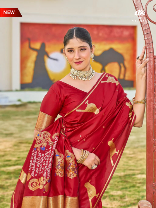 Chilly Red Malai Silk Saree with Woven Sanskrit Mantra Pallu, Inspired by Nita Ambani’s Iconic Style