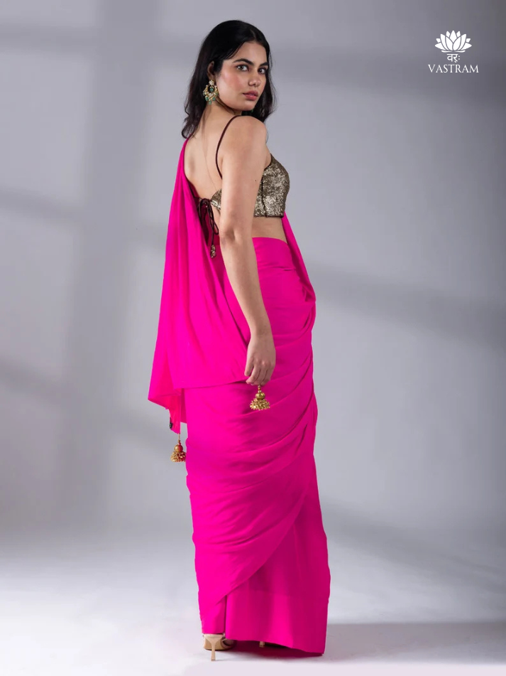 fuchisia hot pink and red satin saree, reversible silk saree indian wedding and festivals, two tone saree, ready to wear saree usa, uk