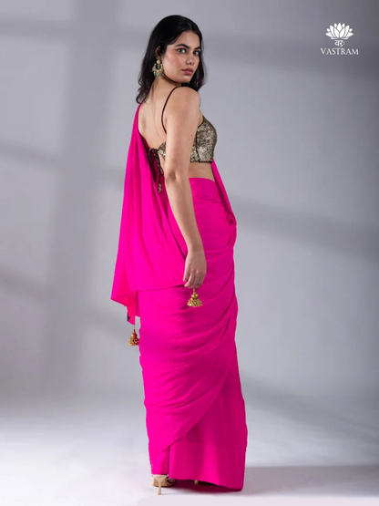 Fuchisia Hot Pink and Red Satin Saree, Reversible Silk Saree Indian Wedding and Festivals, Two tone saree, Ready to Wear Saree USA, UK