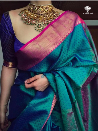 Rama Green and Pink Kanchipuram Soft Silk Saree, South Indian Style, Wedding Saree, Diwali Festive Wear, Traditional Ethnic Ensemble