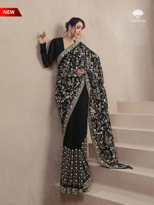 Black Designer Georgette Saree with Intricate Thread & Mirror Work, Premium Party & Reception Wear Drape