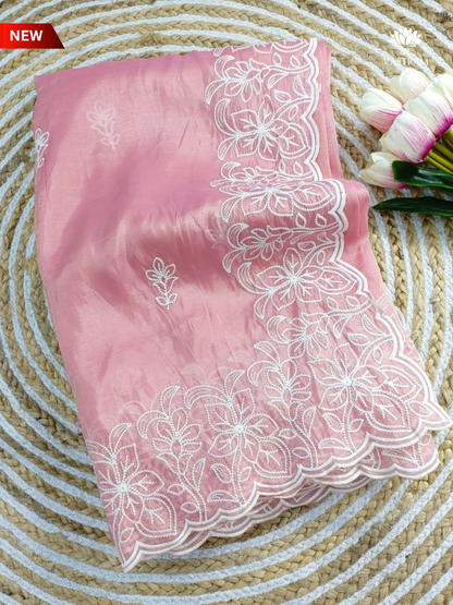 Blush Pink Soft Silk Saree with White Floral Thread Embroidery Elegant Lightweight Saree for Festive & Wedding Wear – Unstitched Blouse
