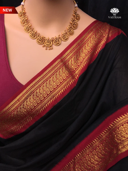 Black & Red Soft Silk Saree - South Indian Handloom, Wedding, Festival Sari with Golden Jari Patta Border