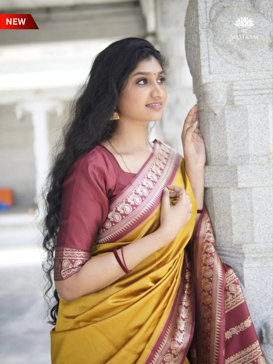 Narayan Pattu Maroon and Yellow Semi Silk Saree | Peacock Jari Border | Saree with Blouse