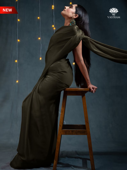 Premium Brown Satin Saree, Luxurious Drape, Indian Wedding and Party Silk Saree, Saree with Blouse, Ready to wear Sari USA, Designer Saree