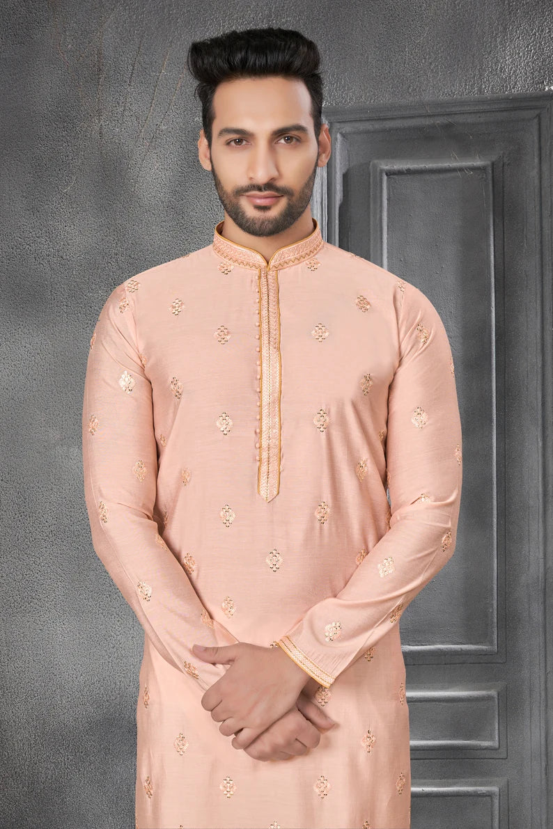 premium peach silk men kurta pajama in floral design | indian, pakistani wedding, party wear men's tradition kurta