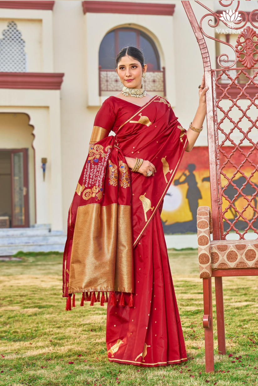 nita ambani inspired chilly red malai silk with weaving sanskrit mantra pallu