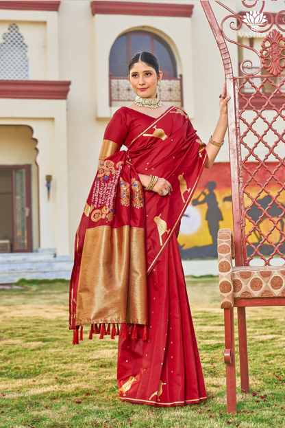 Nita Ambani inspired Chilly Red Malai silk with weaving Sanskrit Mantra pallu