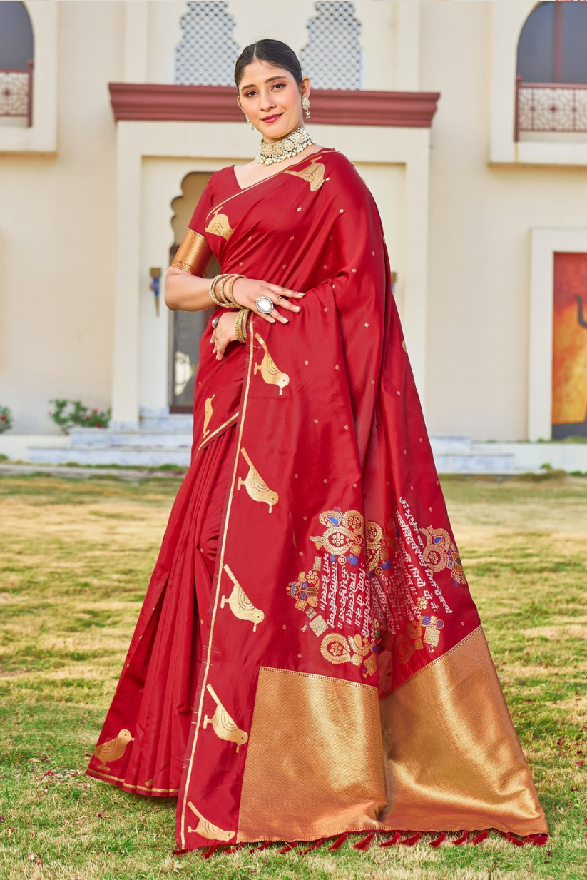 nita ambani inspired chilly red malai silk with weaving sanskrit mantra pallu